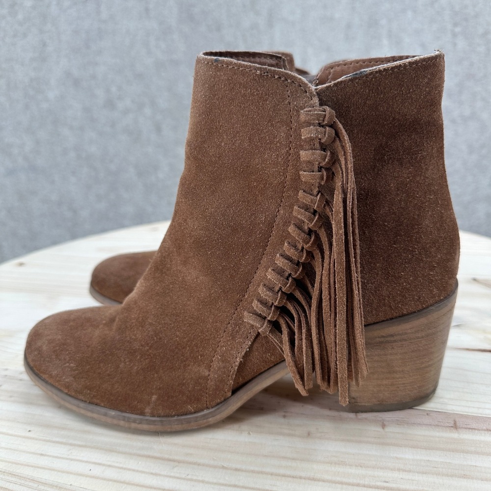 Kenneth Cole Rotini Brown Suede Fringe Ankle Boots Womens 8.5 Stacked Heel
